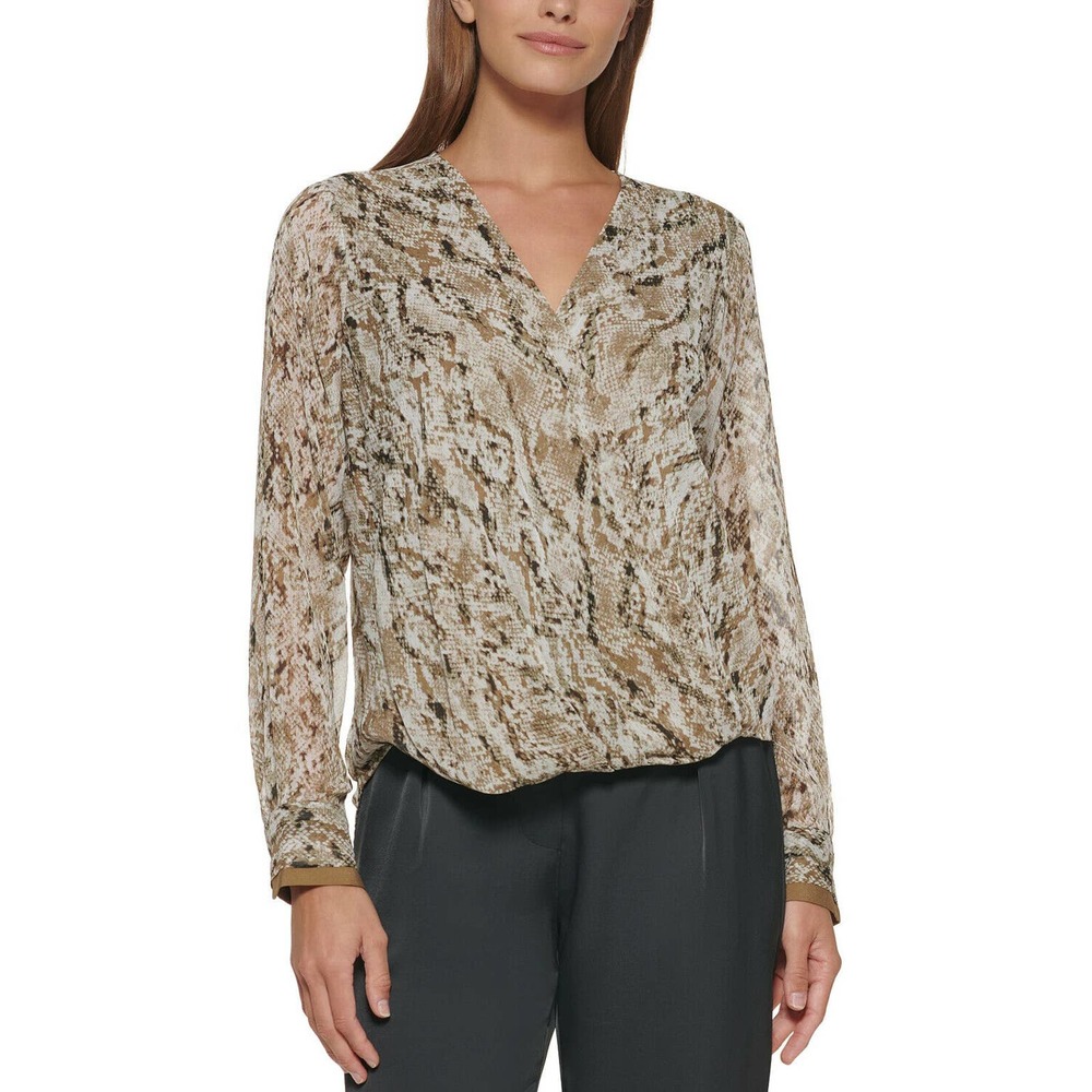 MSRP $79 DKNY Women's Snake Printed Faux-Wrap Top Brown Size L